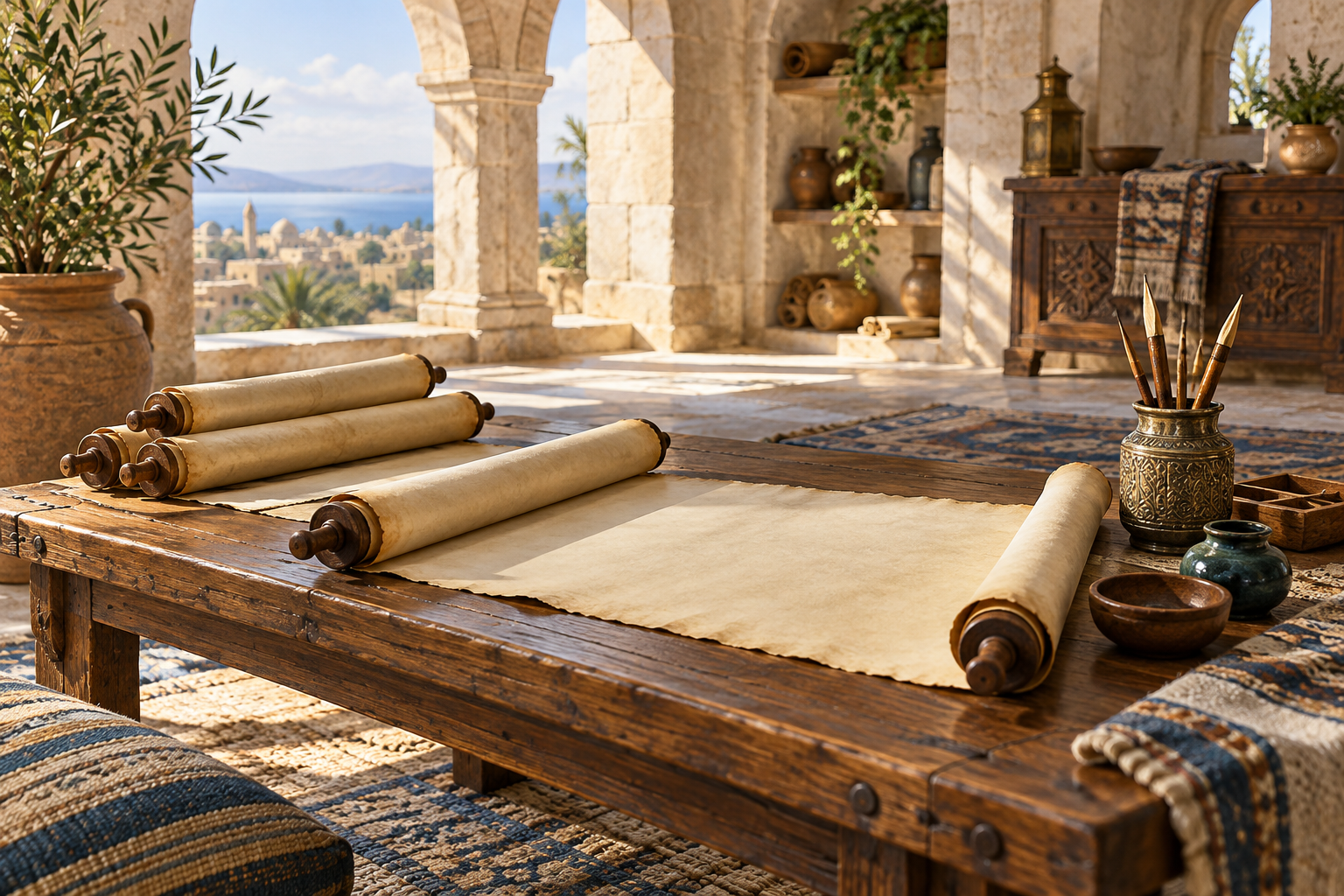 AI-created study scene reflecting on clarity and guidance; the scrolls contain no scripture.