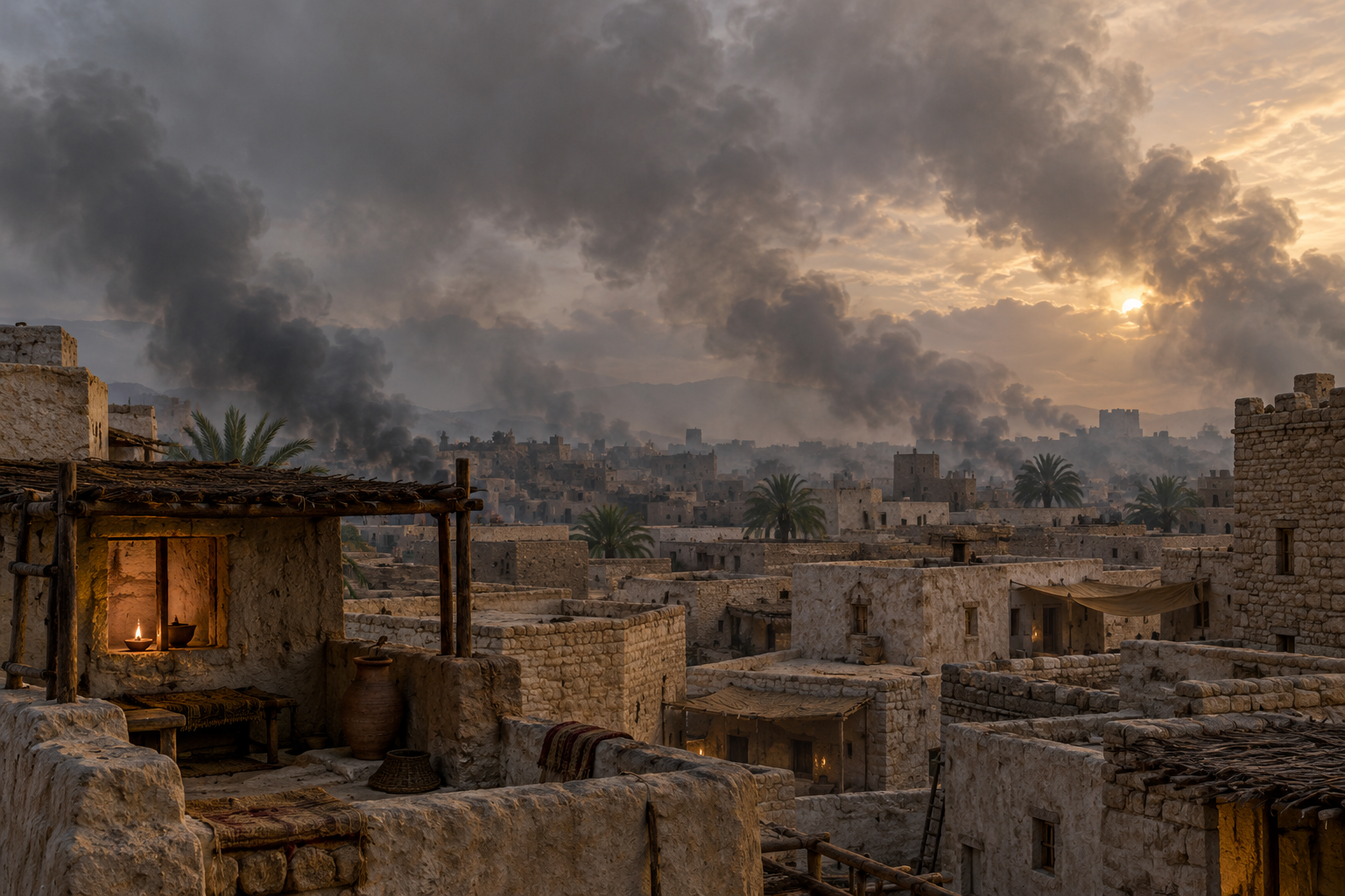 Smoke above an imagined settlement evokes 44:1–16; the interpretation and timing of the smoke are discussed in the study notes.