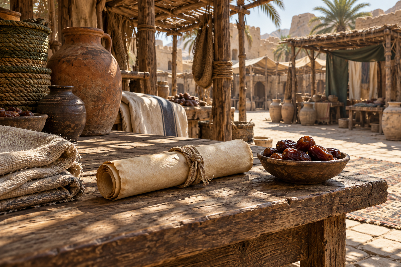 A plain scroll lies beside everyday market goods, evoking revelation amid ordinary human life in 25:1–20.
