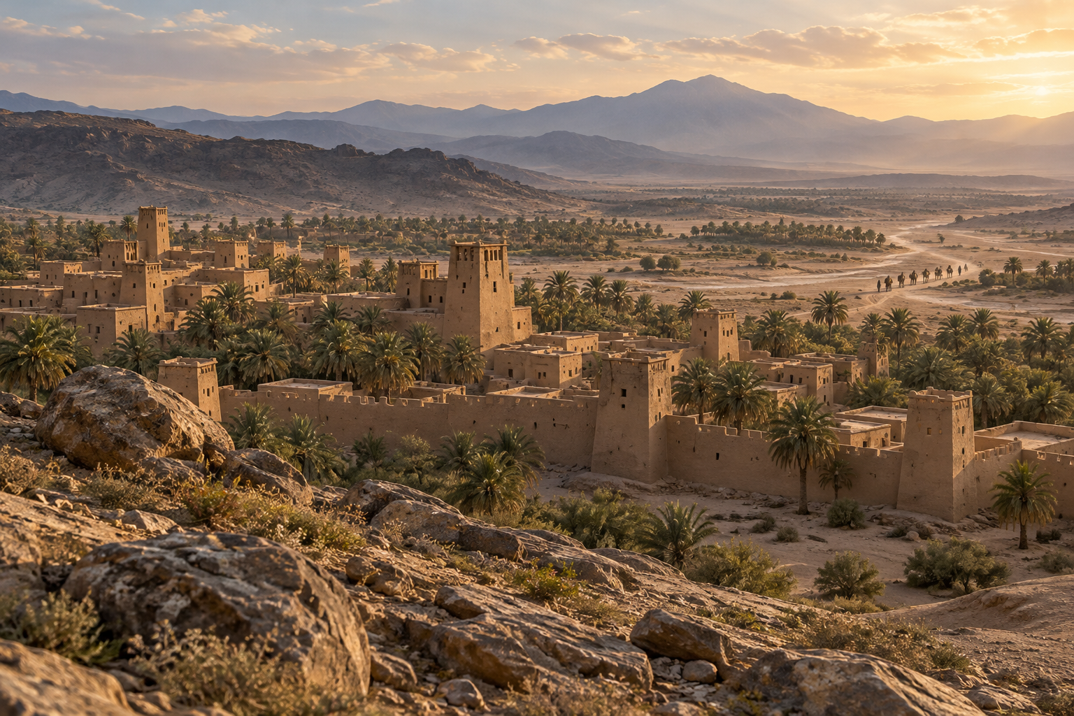 A fortified settlement stands among date orchards as a tiny caravan departs across the wider landscape.