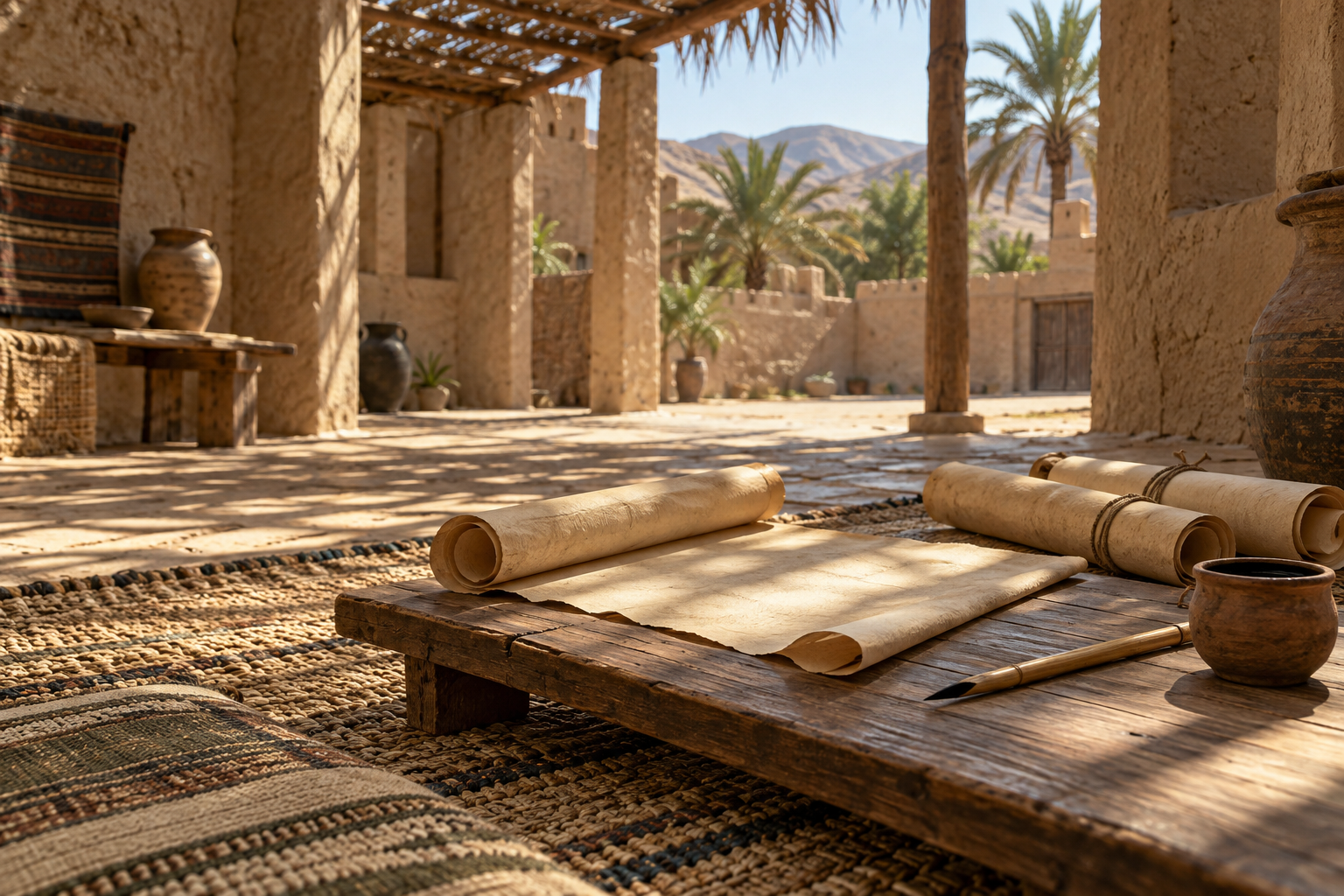 Blank scrolls and a reed pen rest in an empty courtyard prepared for learning.