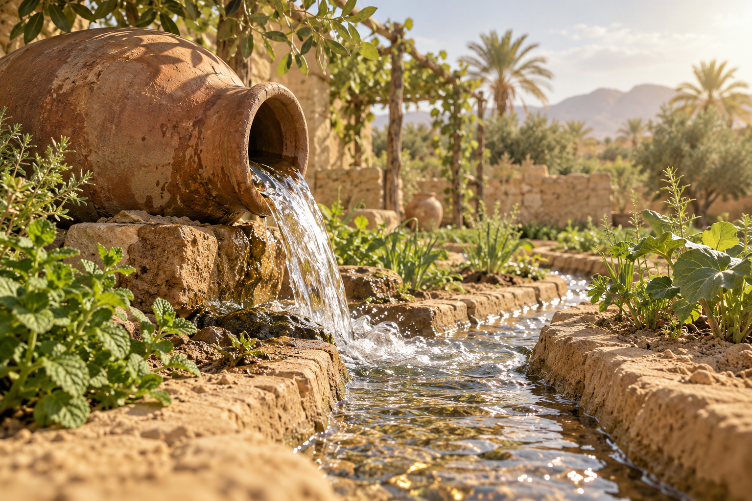 Water nourishing an earthly garden · AI-created metaphor for generosity; not a depiction of al-Kawthar.