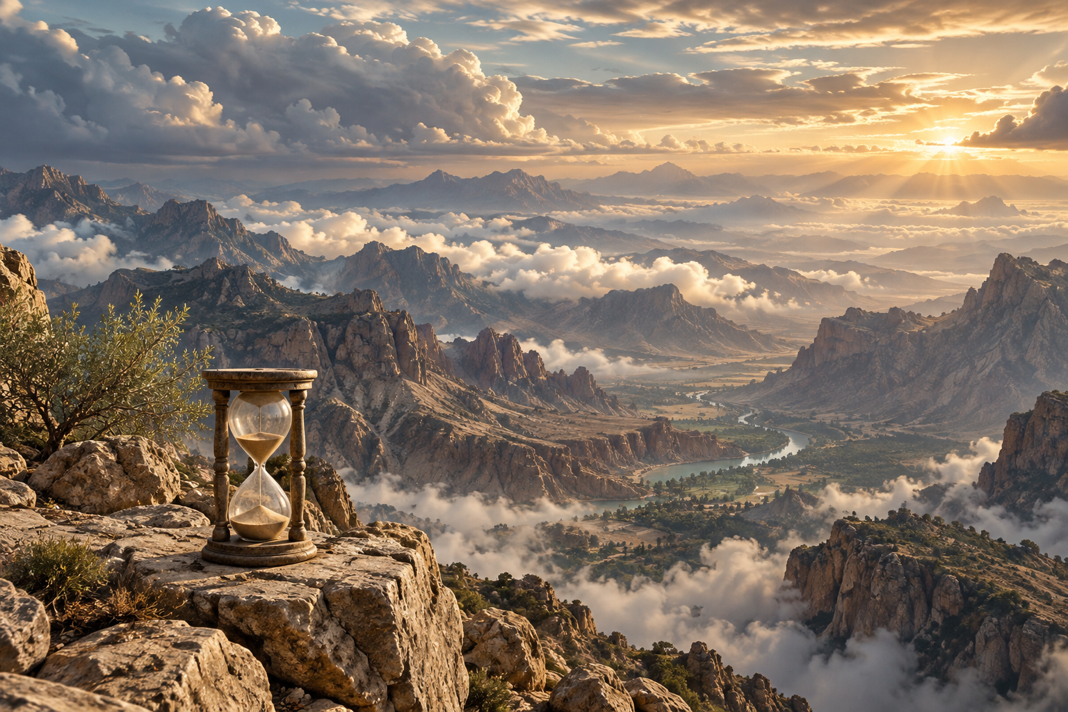 Layers of height and an hourglass symbolize the contrast between human impatience and the measure of the Day in 70:1–7.