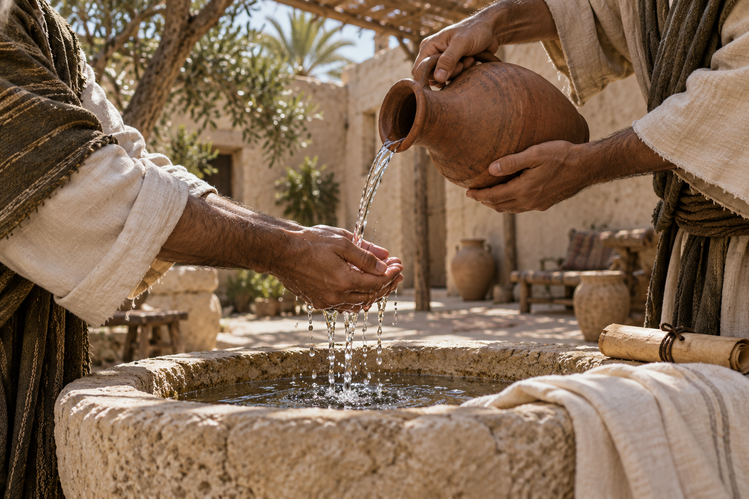 Water poured over ordinary hands beside a modest courtyard basin evokes preparation for prayer and faithful obligations.