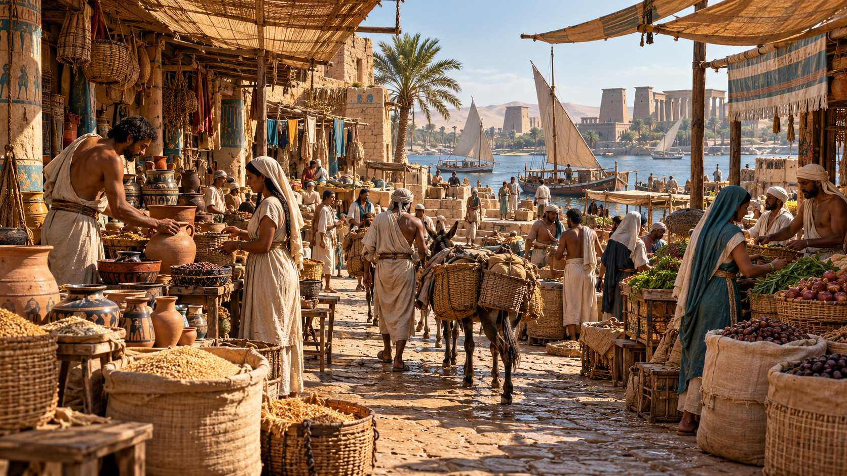 AI-imagined Egyptian market with fictional merchants