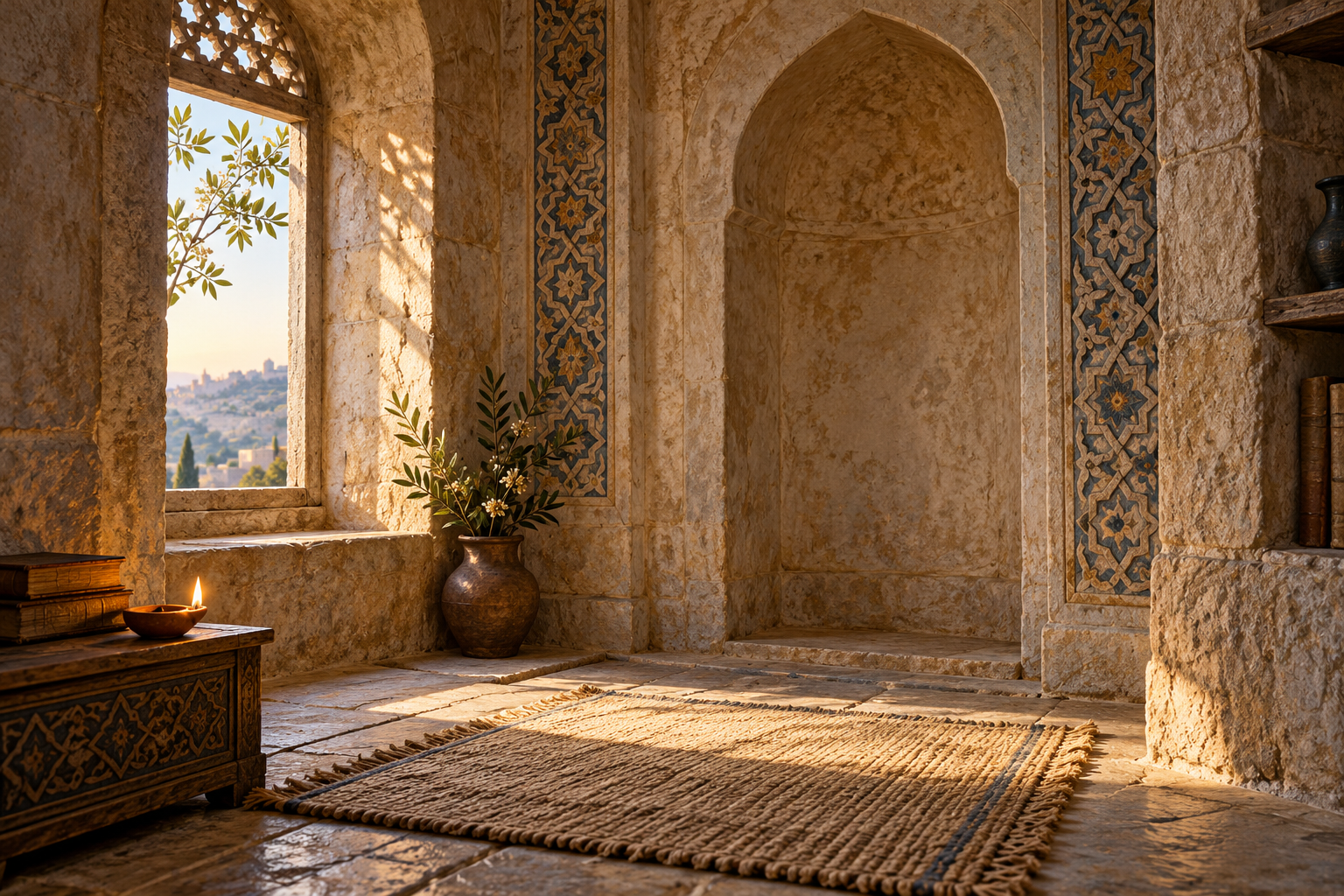 An empty sanctuary niche and soft morning light evoke the private prayer that opens the Surah.