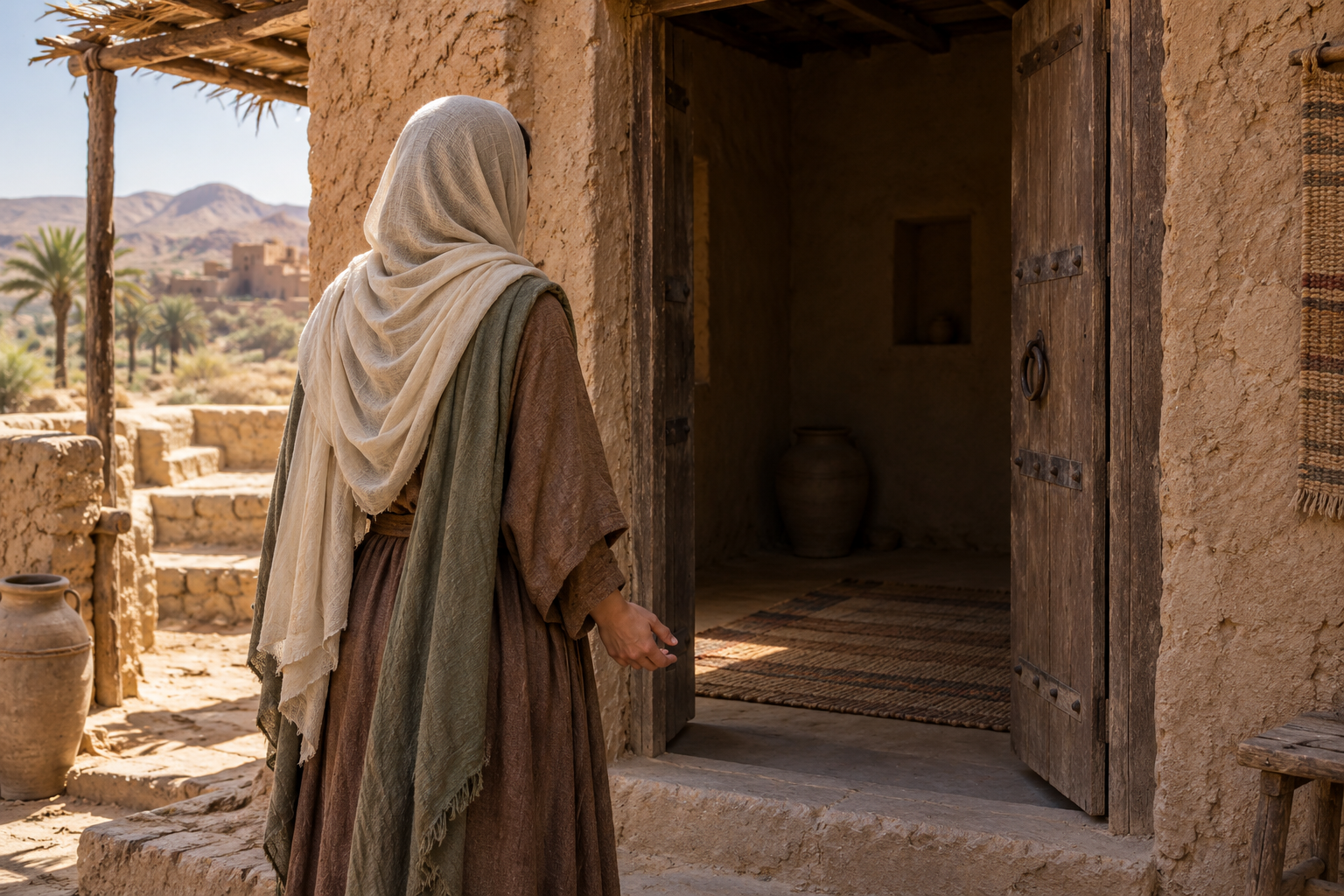 An ordinary woman stands at an open household doorway, seen respectfully from behind.