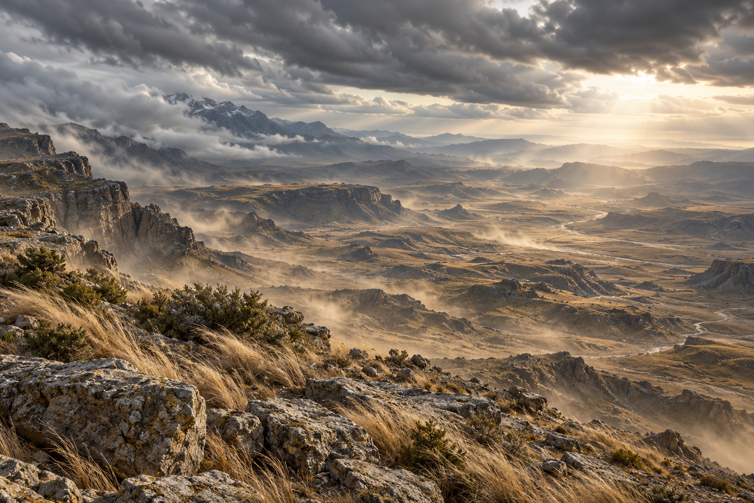 An imagined landscape of powerful winds and low clouds sweeping across rugged earth, reflecting the opening oaths of Al-Mursalat.