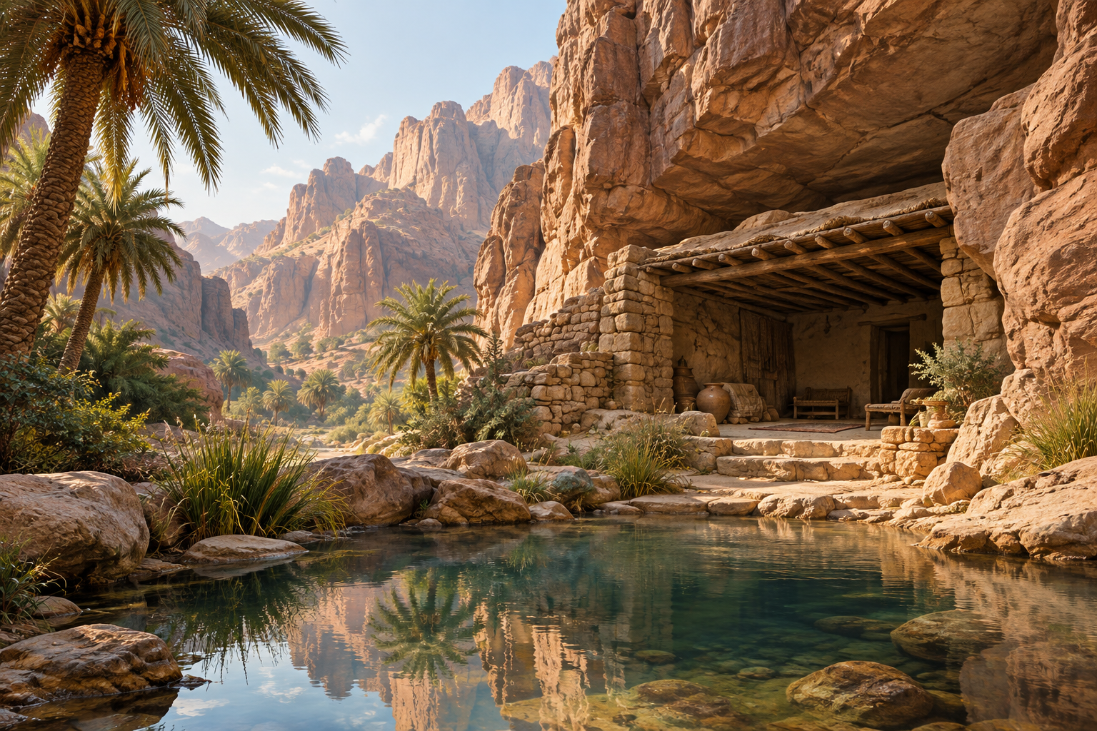 An imagined shelter beneath sandstone cliffs