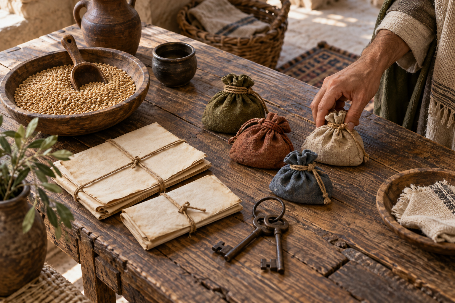 Keys, parcels, and measured grain evoke family obligations, inheritance, and safeguarding another person's property.