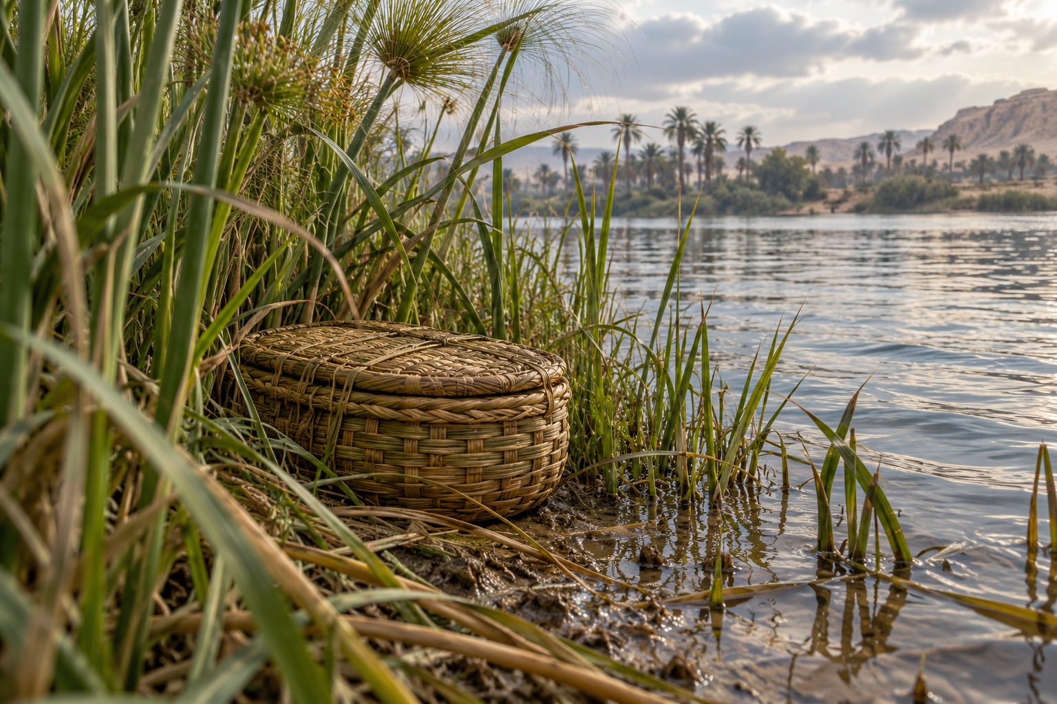A closed reed basket rests safely within sheltered river reeds, recalling the opening story in 28:1–13.