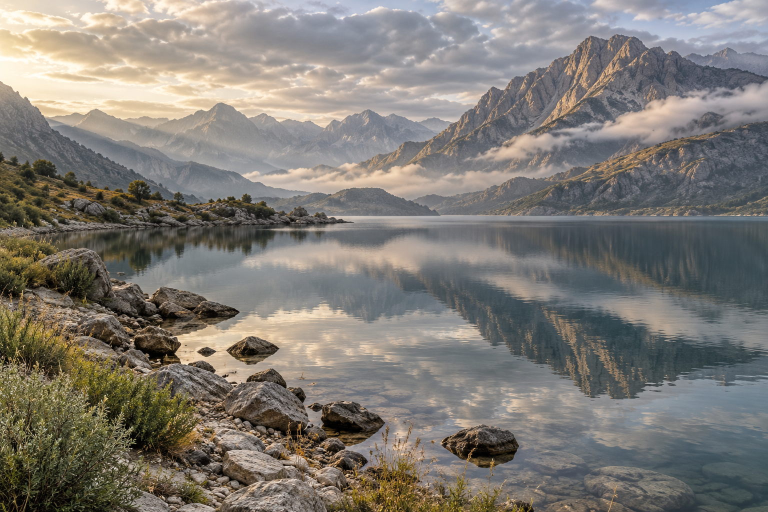 A still mountain lake mirrors rugged peaks and the changing sky.