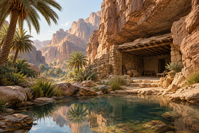 Imagined sheltered valley with palms and a still pool