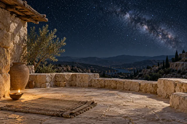 A quiet courtyard beneath the stars · AI illustration